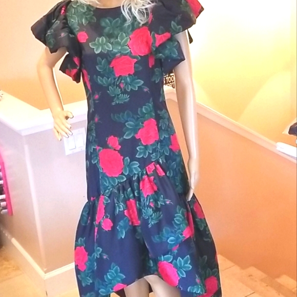 80's MORTON MYLES Red a Roses Ruffles Green BG Holiday Party Festive Midi Dress - Picture 9 of 16